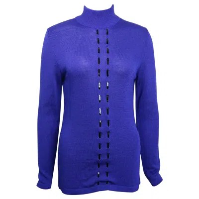 Pre-owned Claude Montana Vintage  Blue Wool Patent Leather Trim High Neck Pullover Sweater