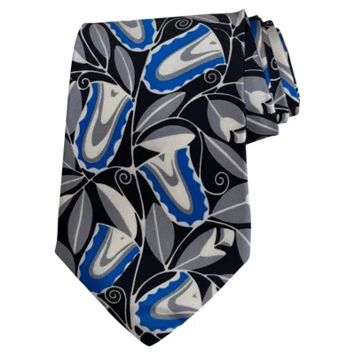 Pre-owned Claude Montana Vintage Tie - Abstract Floral Motif In Blue, Grey And Black In Gray