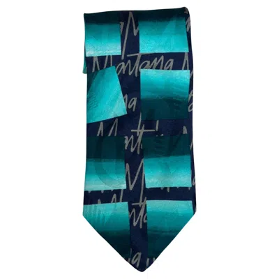 Pre-owned Claude Montana Vintage Tie - Teal And Navy Graphic Signature Pattern In Green
