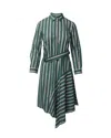 Claudie Pierlot Asymmetric Striped Shirt Dress In Green Cotton In Green