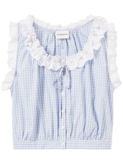 Claudie Pierlot Checkered Lace-trim Top In Blue