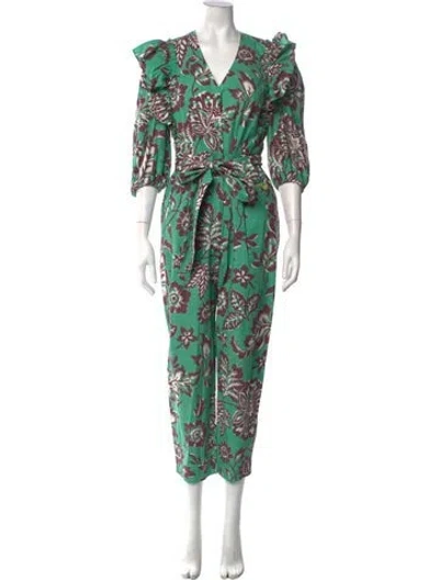 Pre-owned Claudie Pierlot Floral Print V-neck Jumpsuit In Green
