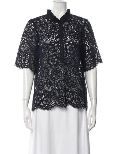 Pre-owned Claudie Pierlot Lace Pattern Short Sleeve Blouse In Blue