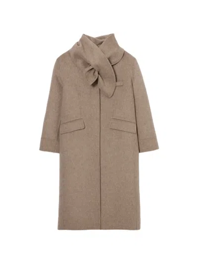 Claudie Pierlot Long Wool Scarf-collar Coat In Brown