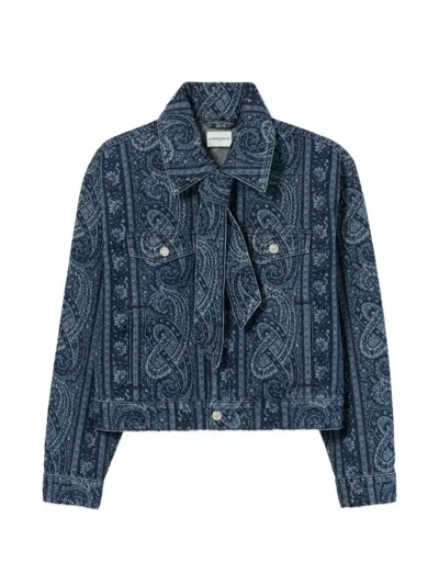Claudie Pierlot Paisley-print Pussy-bow Denim Jacket In Blue