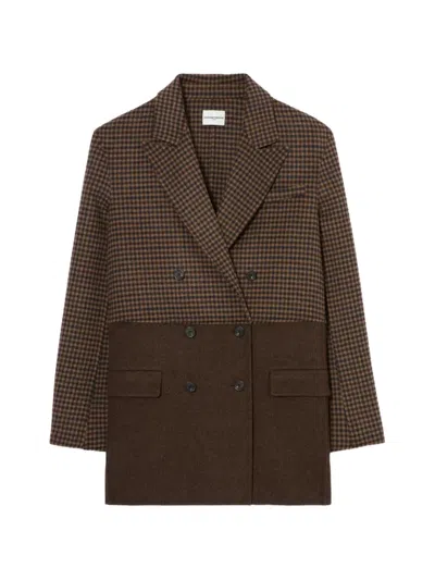 Claudie Pierlot Plain Checked Wool Coat In Brown