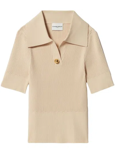 Claudie Pierlot Ribbed-knit Polo Top In Neutral