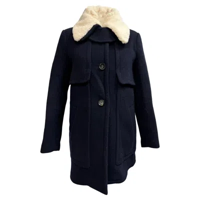 Claudie Pierlot Round Neck Sheared-collar Coat In Navy Blue Wool