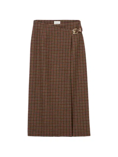 Claudie Pierlot Straight Check Wool Blend Skirt In Brown
