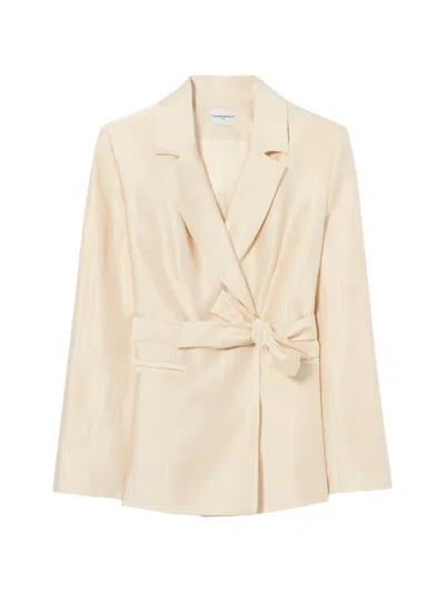 Claudie Pierlot Striped Belted Blazer In Neutral