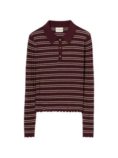 Claudie Pierlot Striped Ribbed-knit Polo Top In Burgundy