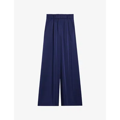 Claudie Pierlot Womens Bleus Smocked-waistband Wide-leg Satin Trousers