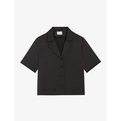 Claudie Pierlot Womens Noir / Gris Notch-lapel Cropped Woven Shirt