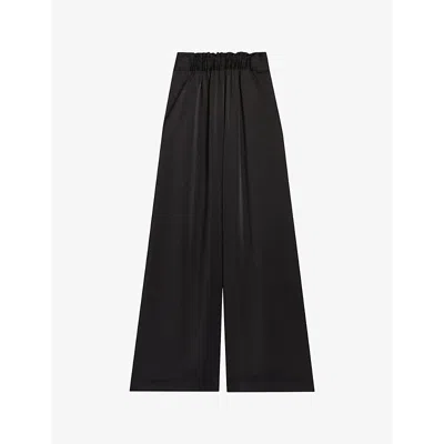 Claudie Pierlot Womens Noir / Gris Smocked-waistband Wide-leg Satin Trousers