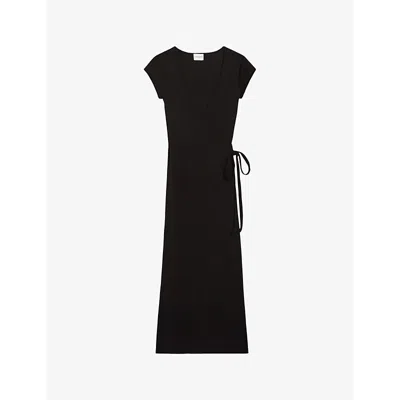 Claudie Pierlot Womens Noir / Gris Trevolta Wrap-over Cotton Midi Dress