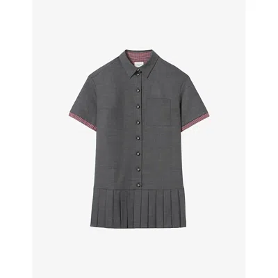 Claudie Pierlot Womens Anthracite Checked Pleated Wool-blend Mini Dress In Gray