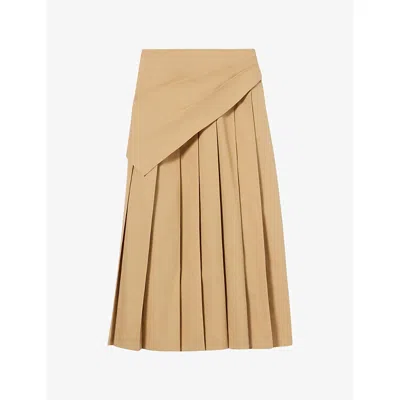 Claudie Pierlot Womens Draped Pleated Cotton Midi Skirt Beige In Brown