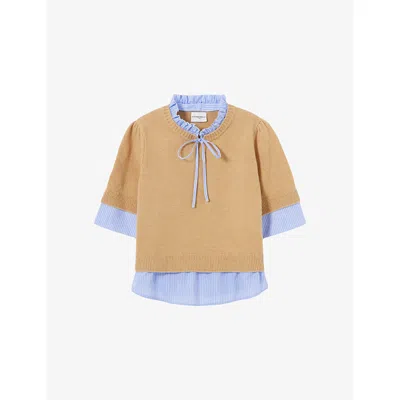 Claudie Pierlot Womens Short-sleeved Striped-trim Wool Jumper Beige In Brown