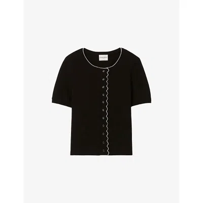 Claudie Pierlot Womens Black Fitted Contrast-trim Stretch-knit Cardigan
