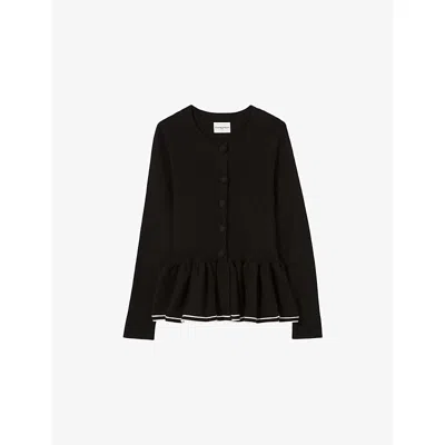 Claudie Pierlot Womens Black Frill-trim Slim-fit Knitted Cardigan