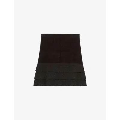 Claudie Pierlot Womens Black Ruffled Elasticated-waist Stretch-velvet Mini Skirt