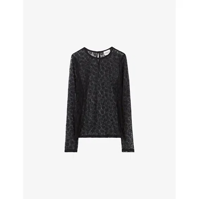 Claudie Pierlot Womens Black Sheer Lace-embroidered Stretch-woven Top