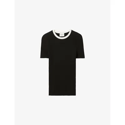 Claudie Pierlot Womens Black Short-sleeved Contrast-trim Knitted T-shirt