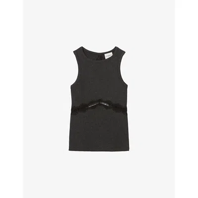 Claudie Pierlot Womens Black Sleeveless Lace-embroidered Stretch-knit T-shirt