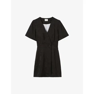 Claudie Pierlot Womens Black Wrap-front Short-sleeve Jacquard Mini Dress