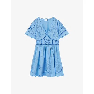 Claudie Pierlot Womens Bleus Butterfly-embroidered Short-sleeve Cotton Mini Dress In Blue