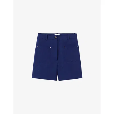 Claudie Pierlot Womens Bleus Button-embellished Patch-pocket Stretch Linen-blend Shorts