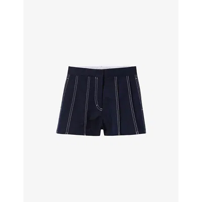Claudie Pierlot Womens Bleus Contrast-stitch Pleated Cotton-blend Shorts