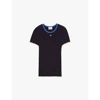 Claudie Pierlot Womens  Cp Embroidery Contrast-trim Fine-knit Silk Top In Bleus