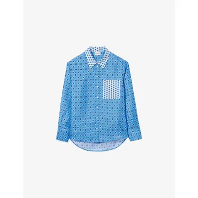 Claudie Pierlot Womens  Tile-pattern Long-sleeved Silk Shirt In Bleus