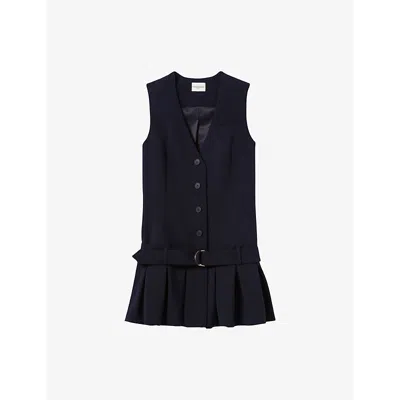 Claudie Pierlot Womens  V-neck Pleated-skirt Stretch-woven Mini Dress In Bleus
