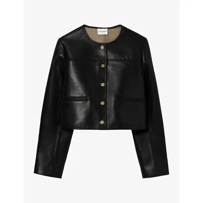Claudie Pierlot Womens Boxy Round-neck Leather Jacket Black