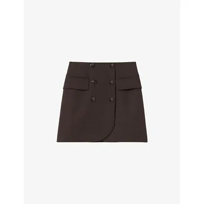 CLAUDIE PIERLOT WOMENS BROWN BUTTON-FRONT SIDE-POCKET WOOL-BLEND MINI SKIRT