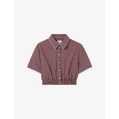 Claudie Pierlot Womens Burgundy Print Checked Cropped Cotton Shirt In Red