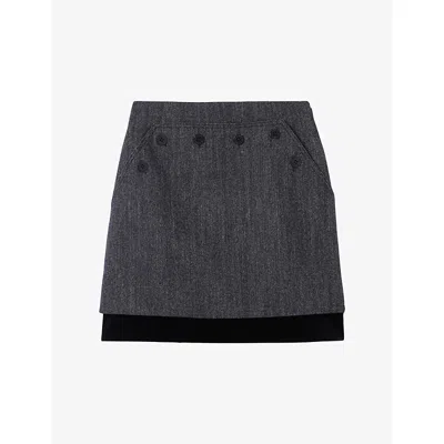 Claudie Pierlot Womens Button-embellished Velvet-hem Wool-blend Mini Skirt Dual-color