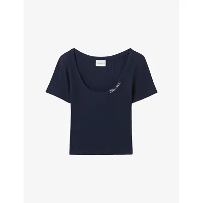 Claudie Pierlot Womens Navy Brand-embroidered Ribbed Cotton-jersey T-shirt In Blue