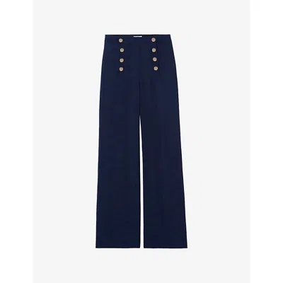 Claudie Pierlot Womens Navy Button-embellished Wide-leg Woven Trousers In Blue
