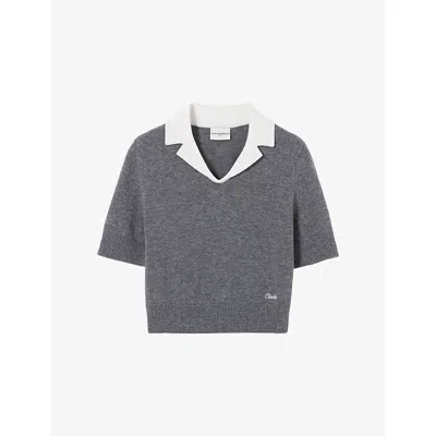 Claudie Pierlot Womens Mottled Grey Contrast-collar Cropped Wool And Cashmere Jumper In Gray