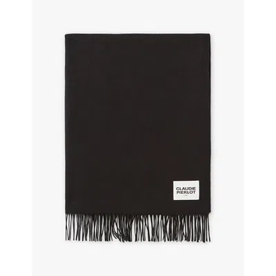 Claudie Pierlot Womens  Logo-patch Fringed-edge Wool Scarf In Noir / Gris