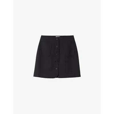 CLAUDIE PIERLOT WOMENS NOIR / GRIS MID-RISE BUTTONED WOOL-BLEND MINI SKIRT