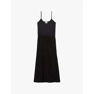 Claudie Pierlot Womens Black Pleated V-neck Woven Midi Dress