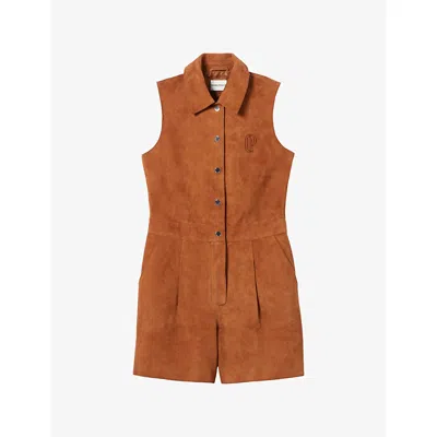 Claudie Pierlot Womens Camel Sleeveless Brand-embroidered Suede Playsuit In Orange