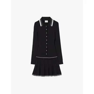 Claudie Pierlot Womens Navy Striped-trim Pleated Stretch-knit Mini Dress In Blue
