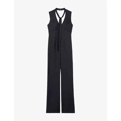 Claudie Pierlot Womens Navy Tie-neck Flared Satin Jumpsuit In Blue