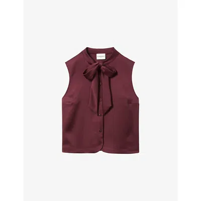 CLAUDIE PIERLOT WOMENS BURGUNDY TIE-NECK SLEEVELESS SATIN BLOUSE