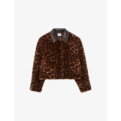 Claudie Pierlot Womens Collared Leopard-print Faux-fur Coat In Brown